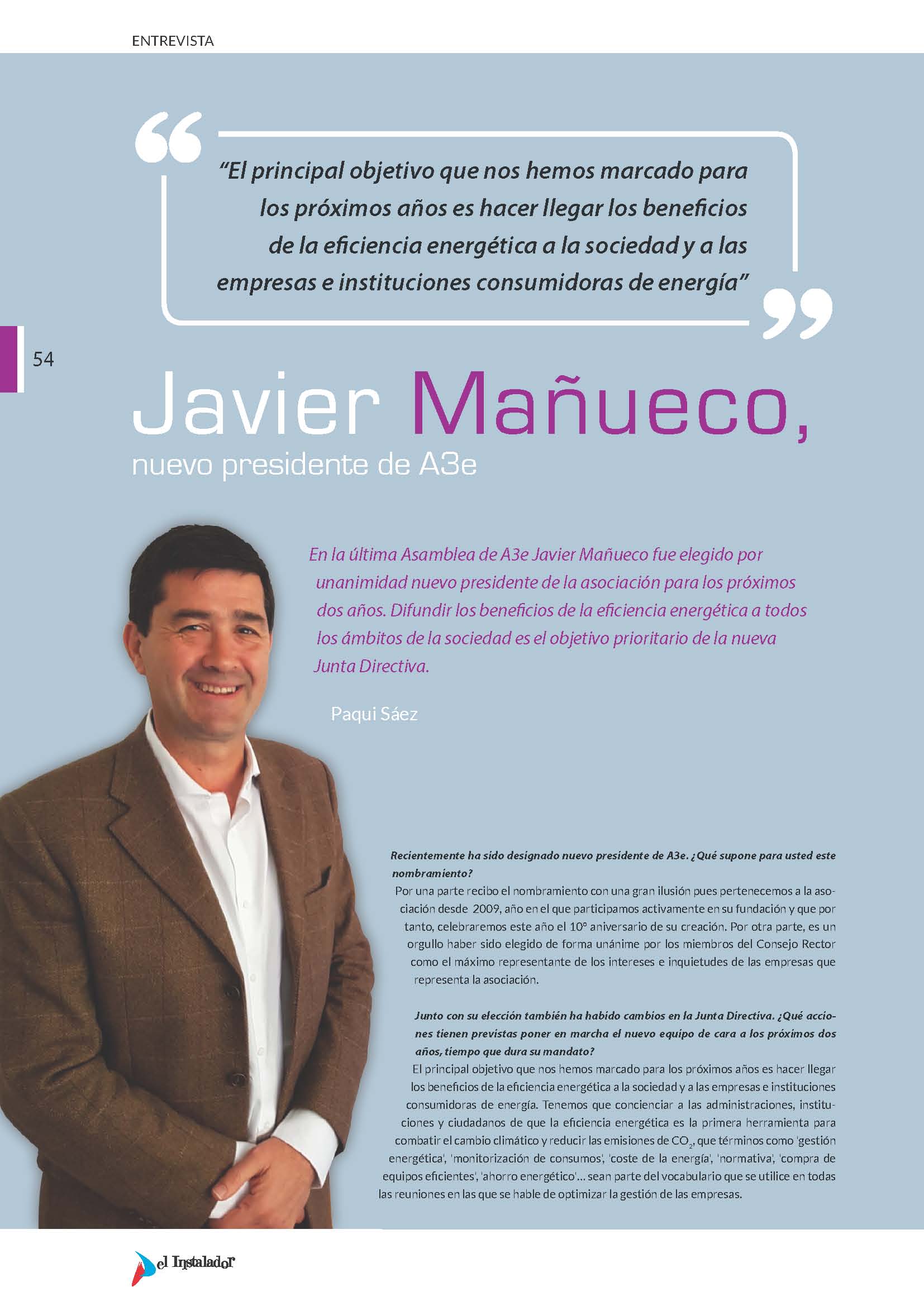 Entrevista a Javier Mañueco, nuevo presidente de A3e en El Instalador